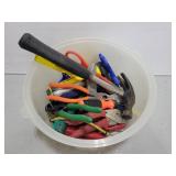 Container of assorted garage tools