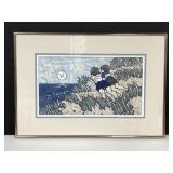 Framed & signed hand dyed fabric tapestry art