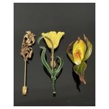 Floral brooch collection w/ Sandor enamel brooch