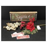 New painted wood sign, ornaments, & floral pick