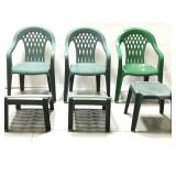 3 plastic patio chairs, 2 foot rests & end table