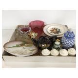 Tea pot, bell, shakers, glass shades, plates &more