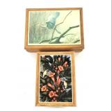 Two wood framed bird tile felt lined jewelry boxes