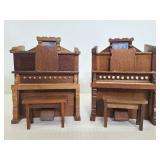 Two wooden musical pianos with benches