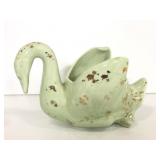 Vintage green&gold speckled ceramic swan planter