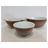 Three vintage Pyrex Woodland bowls