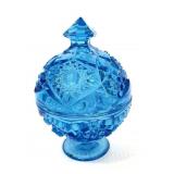 Blue cut glass pedestal candy dish w/ lid