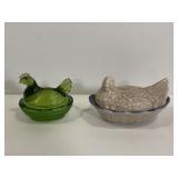 Two vintage hen on a nest egg basket dishes
