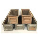Five vintage metal ammo stacking containers
