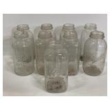 Lot of 9 large vintage glass hall mason jars