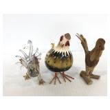 Wood carved, ceramic, and glass Chicken figurines
