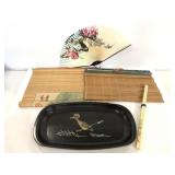 Oriental fan, tray, chopsticks, & wall hanging