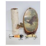 Eagle plaque, decorative lures & mushroom