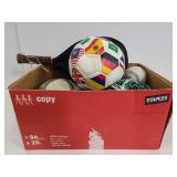 Box of assorted sports balls & racket