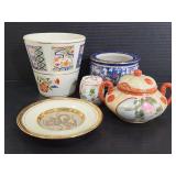 Ceramic planters, sugar bowl & Chokin plate