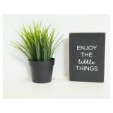 Faux plant w/ wood decorative sign