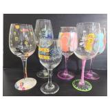 Six fun painted wine glasses
