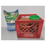 Crate of assorted garden supplies