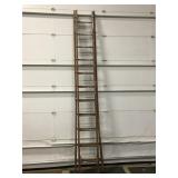 Large wooden extension ladder