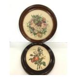 Circle and oval wood framed floral pictures