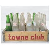 Vintage Towne Club soda bottles in wood crate