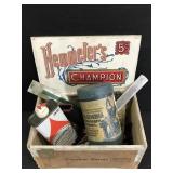 Old wood cigar box of vintage items