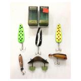 Six vintage fishing lures with two original boxes
