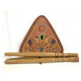 Embroidered leather seat with tripod wood legs