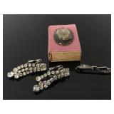 Art Deco petite sterling pin & rhinestone earrings
