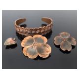 Brass cuff bracelet, clip, pin, & enameled charm