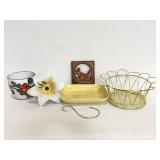 Ceramic floral planters, tray, and wire basket