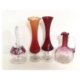 Red, pink, &orange bud vases, small pitcher, bell