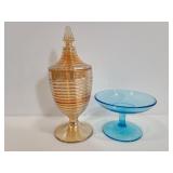 Carnival glass jar w/ lid & blue glass compote