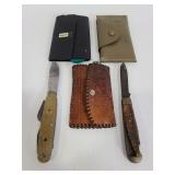 Vintage 3 leather key wallets & 2 pocket knives