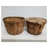 Two large vintage wood bushel baskets & lid
