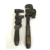 Two vintage wood handled pipe wrenches