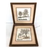 Two wooden framed signed tree landscape prints