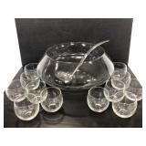 Vintage clear glass punch bowl w/ 12 glasses