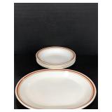 Corelle red striped platters and soup bowls