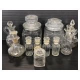 Vintage kitchen glass cruets, spice & storage jars