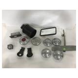 Assorted vintage car parts, rear view window, ect