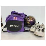 Bowling bag, ball, and shoes