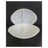 Two vintage Glasbake divided milk glass dishes
