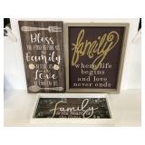 Trio of "Family" block and vinyl wall signs