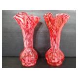 Two blown glass vintage ruffled red vases