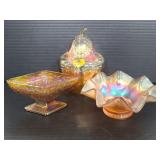 Three vintage carnival glass pieces