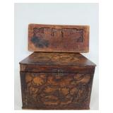 Antique pyrography wood box and wall art