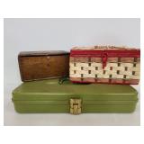 Three vintage sewing machine boxes with contents