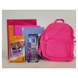 Pink mini backpack, notebooks and pens