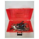 Plastic toolbox of assorted garage tools